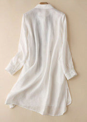 Fashion White Embroidered Low High Design Cotton Linen Long Shirt Top Long Sleeve