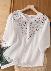 Fashion White Embroidered Patchwork Lace Linen Shirt Short Sleeve