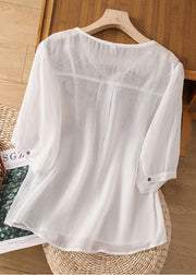 Fashion White Embroidered Patchwork Lace Linen Shirt Short Sleeve