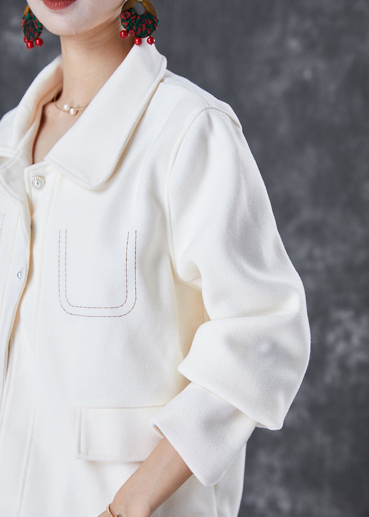 Fashion White Embroidered Woolen Coat Fall