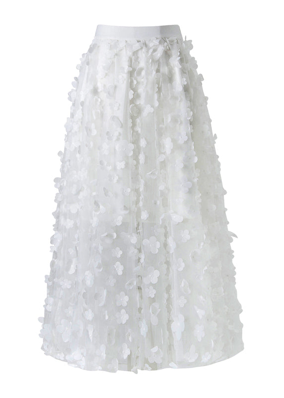 Fashion White Floral Decorated High Waist Tulle Skirt Summer