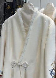 Fashion White Fur Collar Button Woolen Coat Long Sleeve