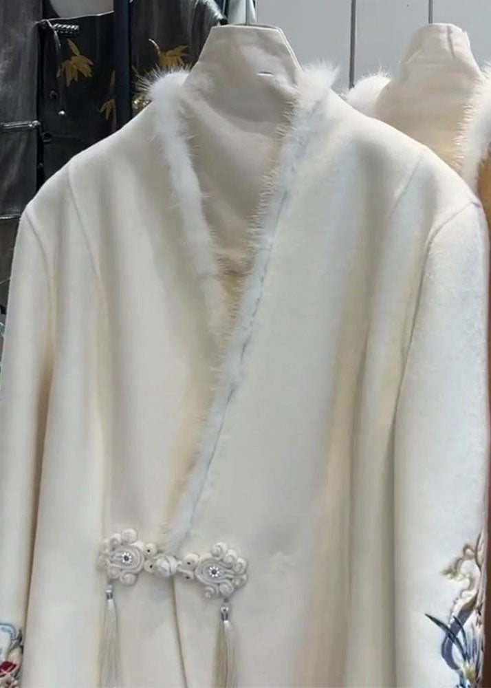 Fashion White Fur Collar Button Woolen Coat Long Sleeve