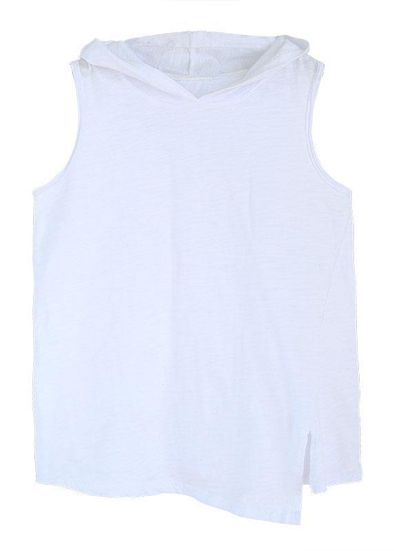 Fashion White Hooded Asymmetrical Design Summer Cotton Top Sleeveless - SooLinen