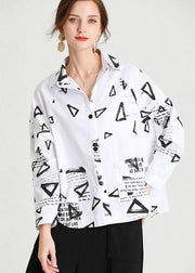 Fashion White Loose Fashion Print Fall Cotton Long Sleeve Shirt Top - SooLinen