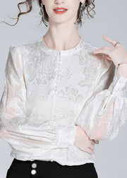 Fashion White O-Neck Button Jacquard Slik Shirt Spring
