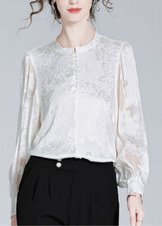 Fashion White O-Neck Button Jacquard Slik Shirt Spring