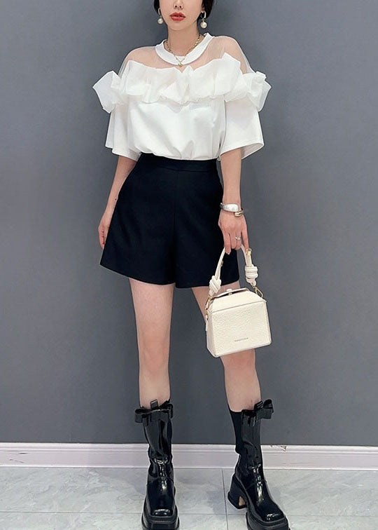 Fashion White O Neck Ruffled Tulle Patchwork Cotton Mid Dress Summer
