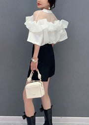 Fashion White O Neck Ruffled Tulle Patchwork Cotton Mid Dress Summer