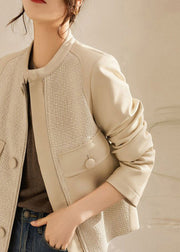 Fashion White O-Neck Woolen Patchwork Pockets Sheepskin Coats Long Sleeve