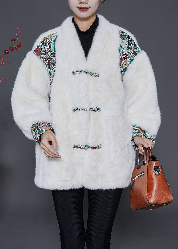 Fashion White Oversized Patchwork Chinese Button Faux Fur Jacket Winter