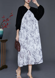 Fashion White Oversized Patchwork Silk Velour Chiffon Dress Spring