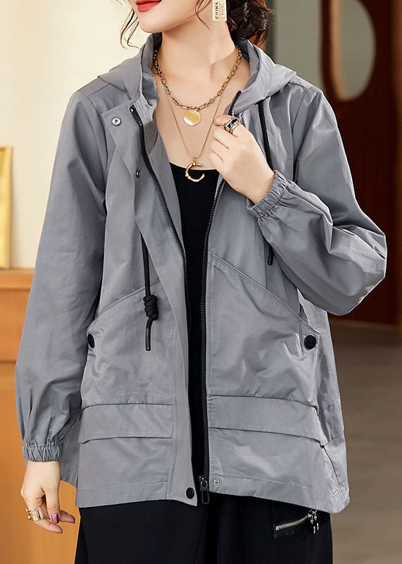 Fashion Gray Patchwork Zippered Button Pockets Cotton Hooded Coats Long Sleeve
