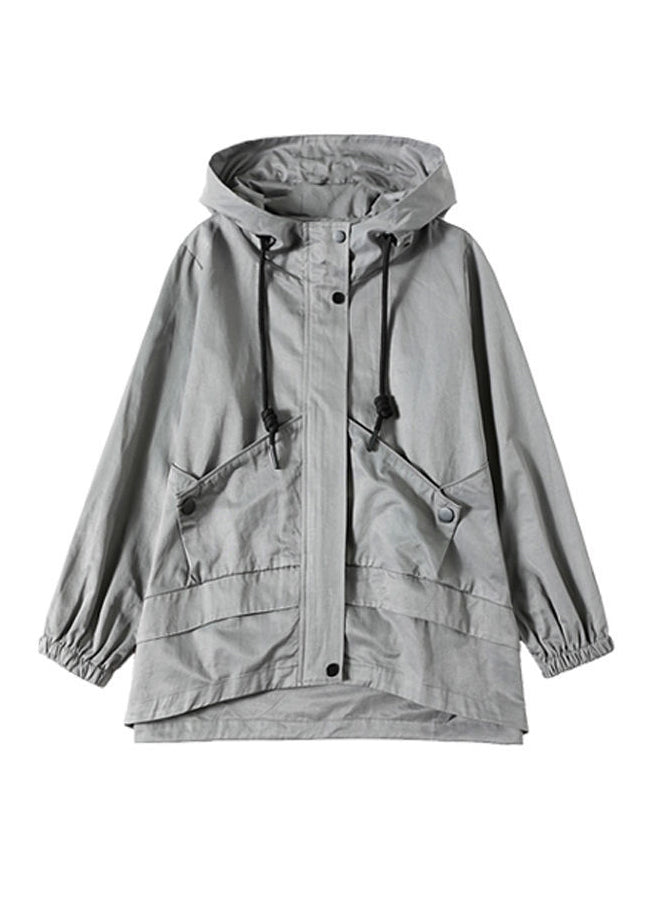 Fashion Gray Patchwork Zippered Button Pockets Cotton Hooded Coats Long Sleeve