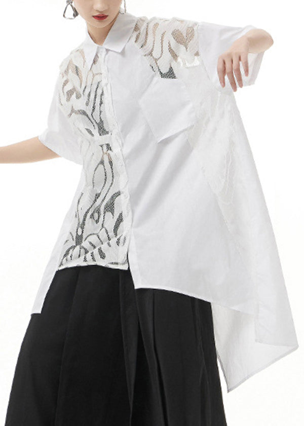 Fashion White Peter Pan Collar Lace Patchwork Shirt Tops Short Sleeve