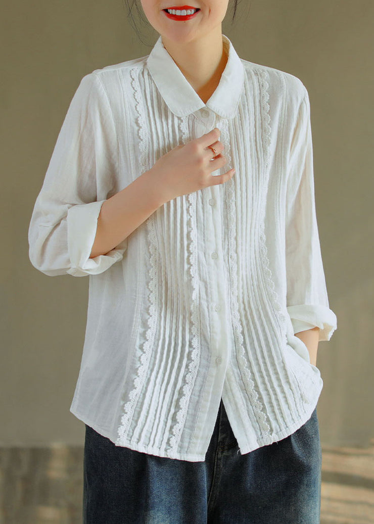 Fashion White Peter Pan Collar Lace Patchwork Wrinkled Cotton Shirt Top Spring