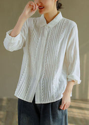 Fashion White Peter Pan Collar Lace Patchwork Wrinkled Cotton Shirt Top Spring