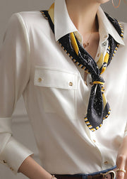Fashion White Peter Pan Collar Pockets Button Silk Shirts Long Sleeve