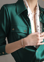 Fashion White Peter Pan Collar Pockets Button Silk Shirts Long Sleeve
