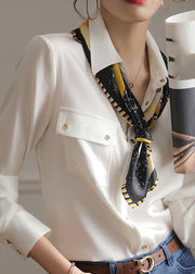 Modische weiße Bubikragen Taschen Knopf Seidenhemden Langarm