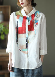 Fashion White Peter Pan Collar Print Button Linen Shirt Long Sleeve