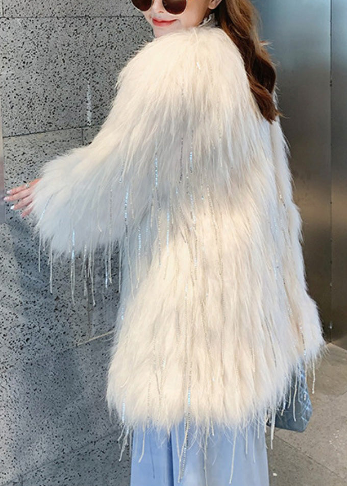 Fashion White Faux Fur Collar Tassel Leather And Fur Long Coats Winter