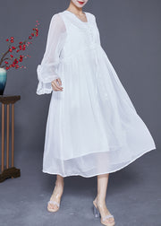 Fashion White Ruffled Patchwork Chiffon Holiday Dress Flare Sleeve