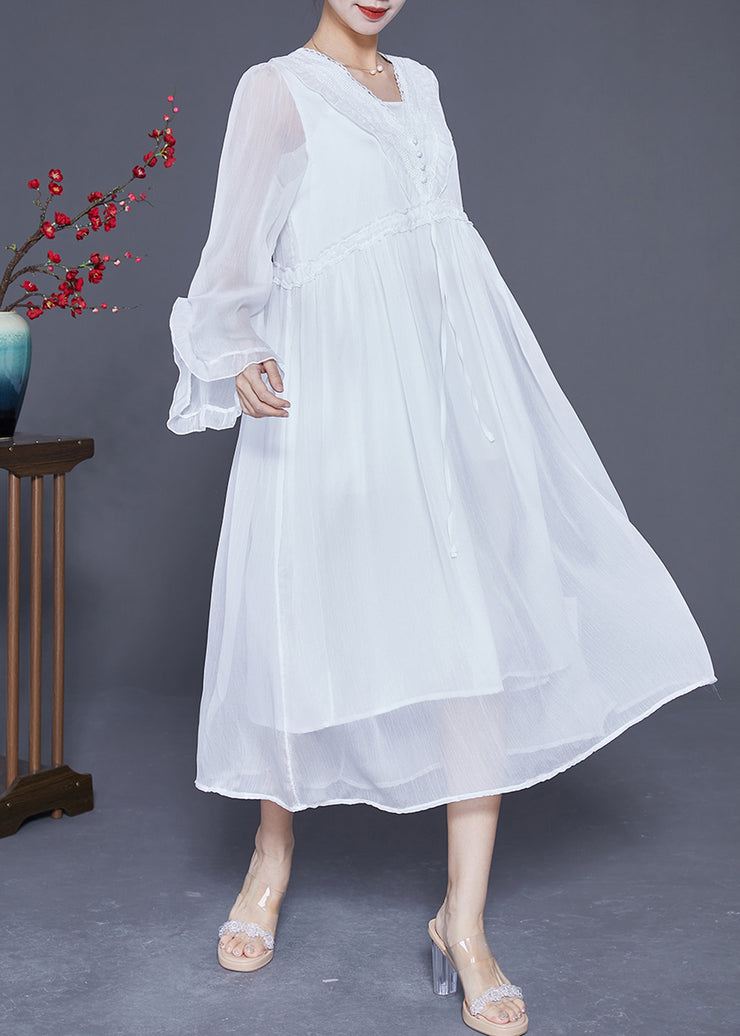 Fashion White Ruffled Patchwork Chiffon Holiday Dress Flare Sleeve