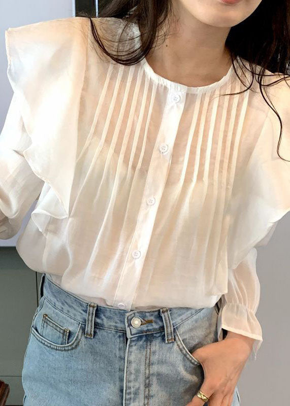 Fashion White Ruffled Patchwork Cotton Tops Long Sleeve