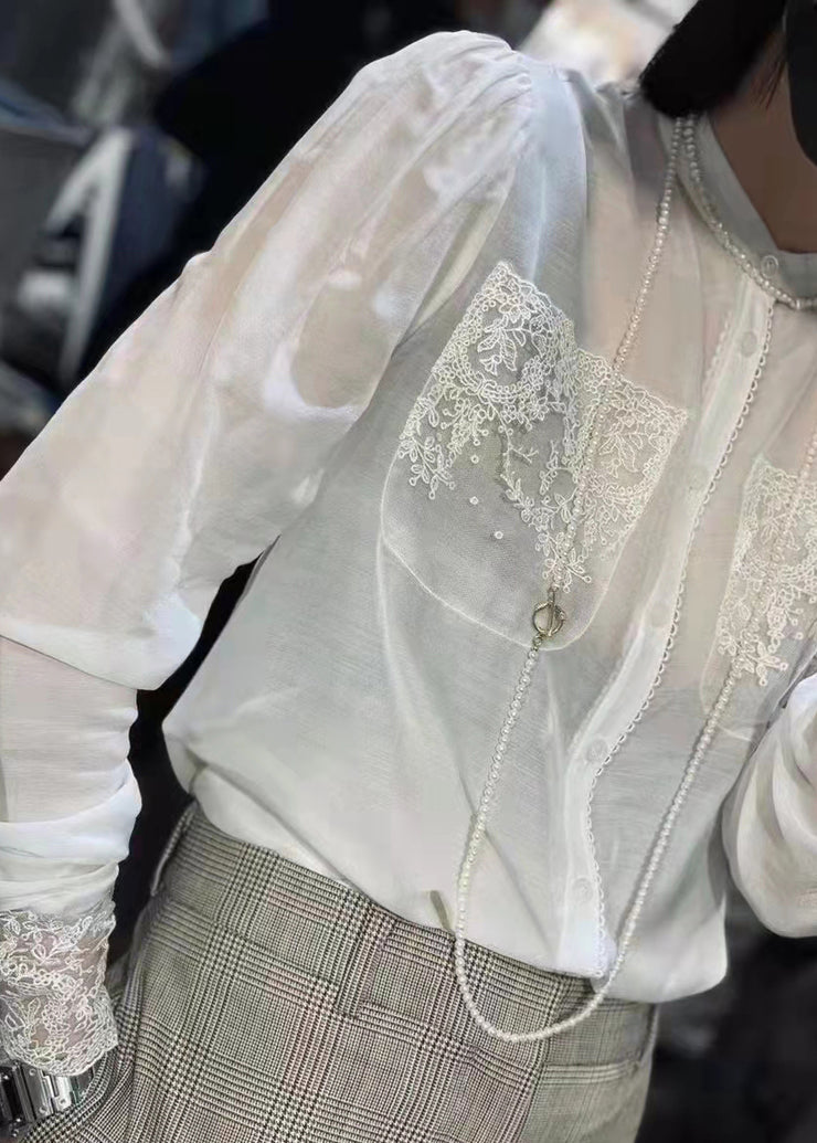 Fashion White Stand Collar button Lace Patchwork Silk Blouses long sleeve