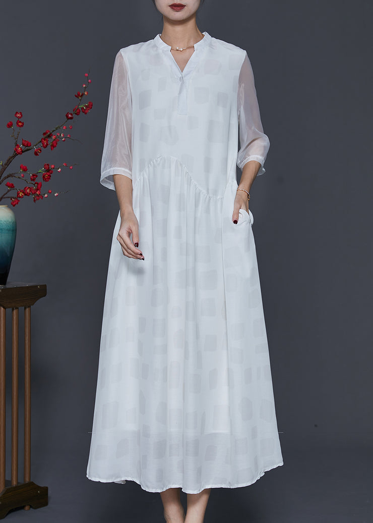 Fashion White V Neck Draping Silk Long Dresses Half Sleeve