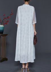 Fashion White V Neck Draping Silk Long Dresses Half Sleeve