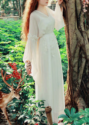 Fashion White V Neck Exra Large Hem Silk Cinch Long Dress Flare Sleeve