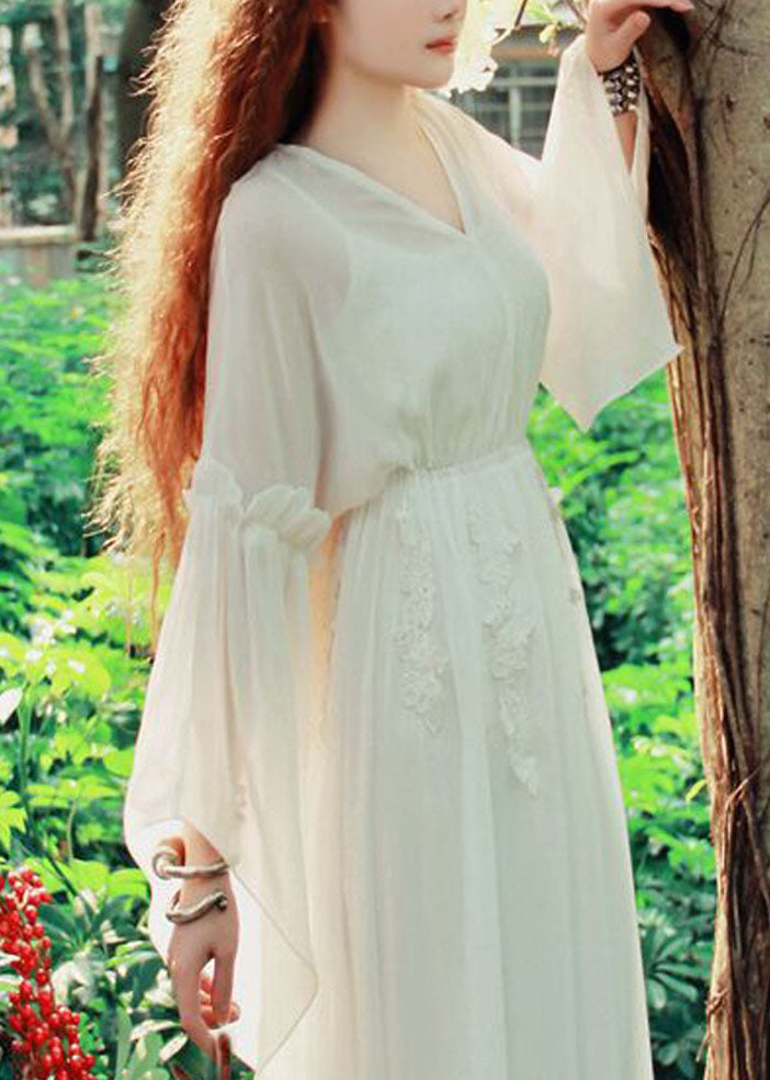 Fashion White V Neck Exra Large Hem Silk Cinch Long Dress Flare Sleeve