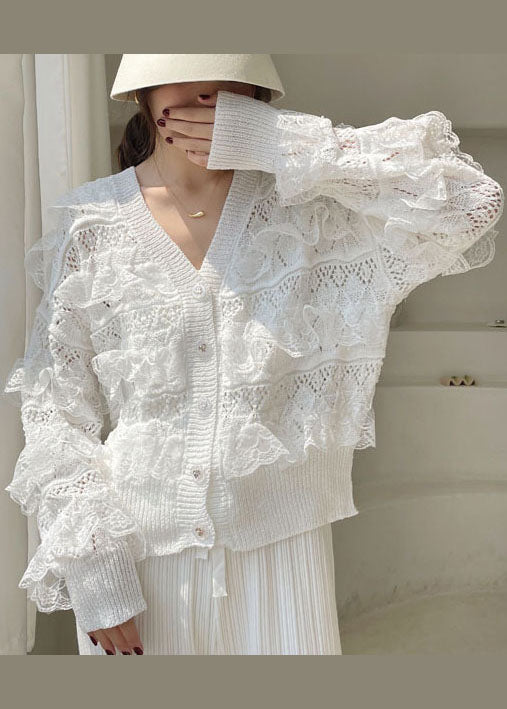 Fashion White V Neck Hollow Out Ruffled Blouses Spring