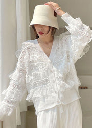 Fashion White V Neck Hollow Out Ruffled Blouses Spring