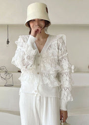 Fashion White V-Ausschnitt aushöhlen gekräuselte Blusen Frühling