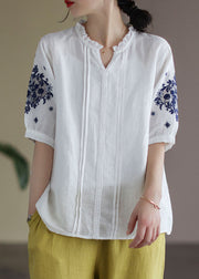 Fashion White V Neck Lace Patchwork Linen Shirt Top Short Sleeve