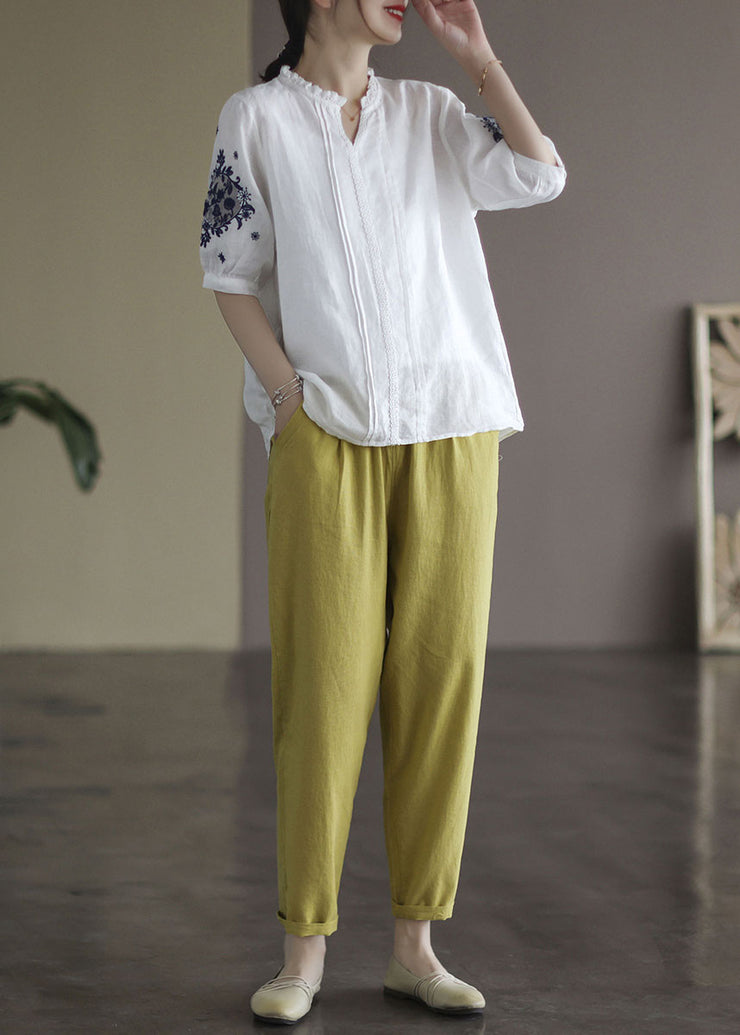 Fashion White V Neck Lace Patchwork Linen Shirt Top Short Sleeve