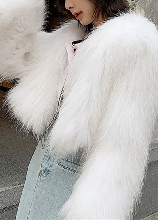 Fashion White V Neck Patchwork Faux Fur Coat Winter