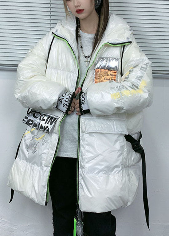 Mode Weißer Enten-Daunenmantel mit Reißverschluss und Kapuze im Winter