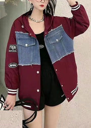 Fashion Wine Red Graphic Print Denim Patchwork Button Hooded Jacket Fall