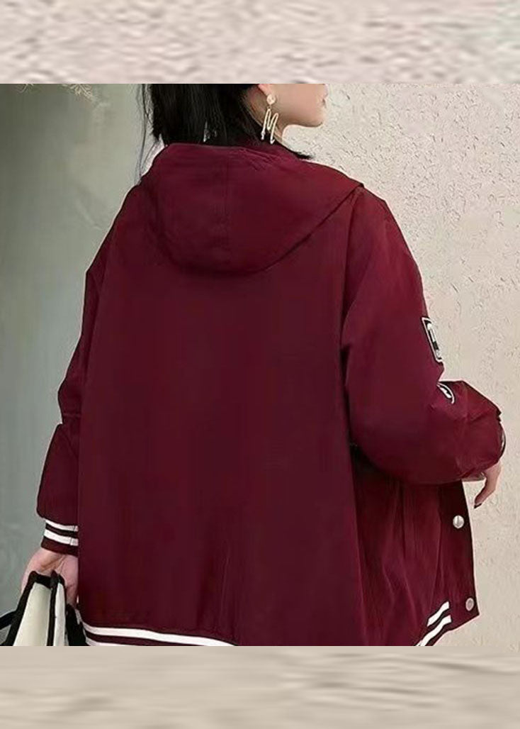 Fashion Wine Red Graphic Print Denim Patchwork Button Hooded Jacket Fall