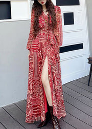 Fashion Wine Red V Neck Print Side Open Patchwork Long Dresses Fall