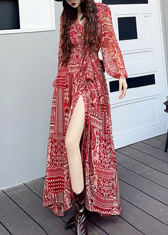 Fashion Wine Red V Neck Print Side Open Patchwork Long Dresses Fall