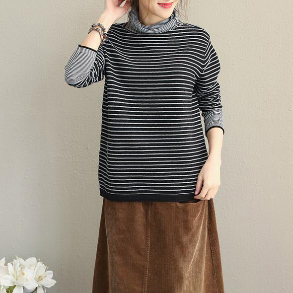 Fashion Women High Neck Striped Sweater Loose Tops