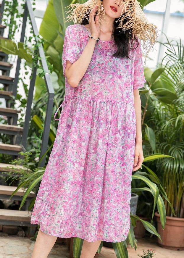 Fashion Women o neck patchwork linen pink print Dresses summer - SooLinen