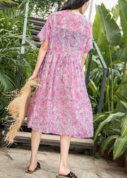 Fashion Women o neck patchwork linen pink print Dresses summer - SooLinen
