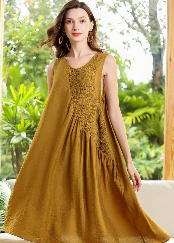 Fashion Yellow Asymmetrical Patchwork Wrinkled Cotton Dress Sleeveless