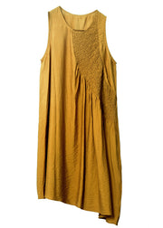 Fashion Yellow Asymmetrical Patchwork Wrinkled Cotton Dress Sleeveless
